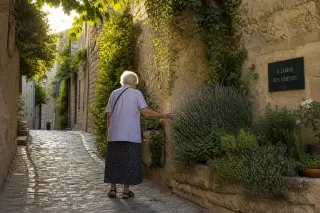 Elderly person quietly tending herbs in a lush garden nook along a sunlit stone alley in Villeneuve-lès-Avignon, soft golden hour light highlighting the greenery.