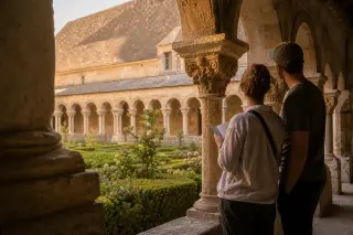 Two visitors quietly studying a sculpted capital in the cloister of the Chartreuse de Villeneuve during golden hour, with gentle sunlight and a lush garden background.