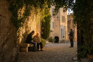 Locals chatting on a stone bench in a sunlit cobbled alley of Villeneuve-lès-Avignon, with a guide observing nearby, all in a tranquil golden hour atmosphere.