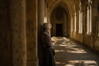 A woman quietly reads by a stone column in the softly lit cloister of an old monastery, warm sunlight casting shadows on the arches and floor.