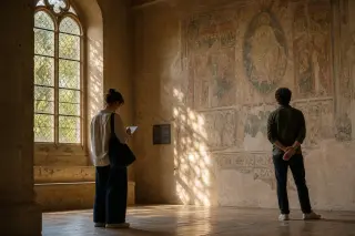 Two people quietly observing a medieval fresco in a softly lit museum room, sunlight streaming through high arched windows and highlighting aged stone walls.